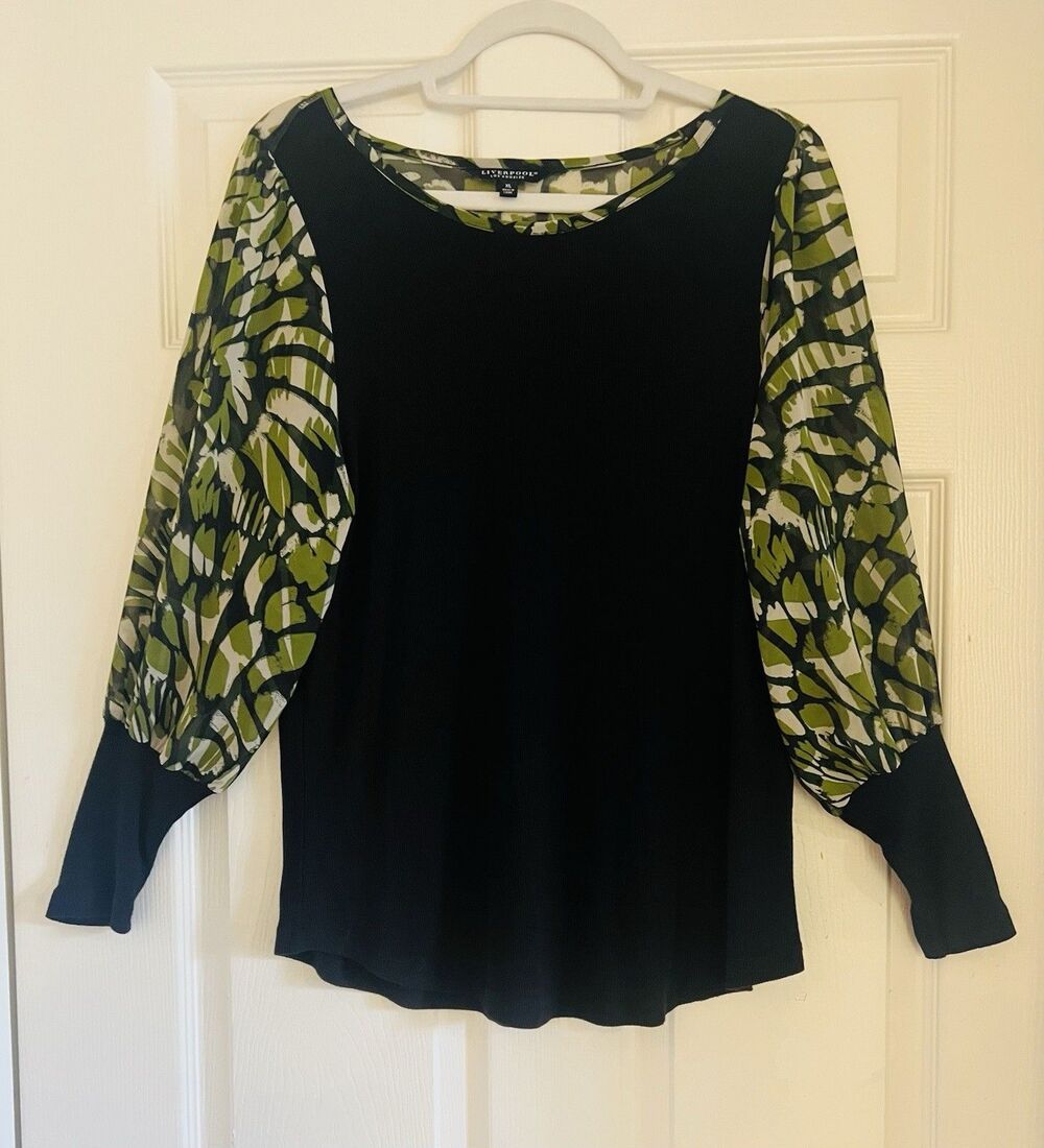 LIVERPOOL Los Angeles Mixed Media Top XL Black Knit Sheer Green Artsy Eclectic